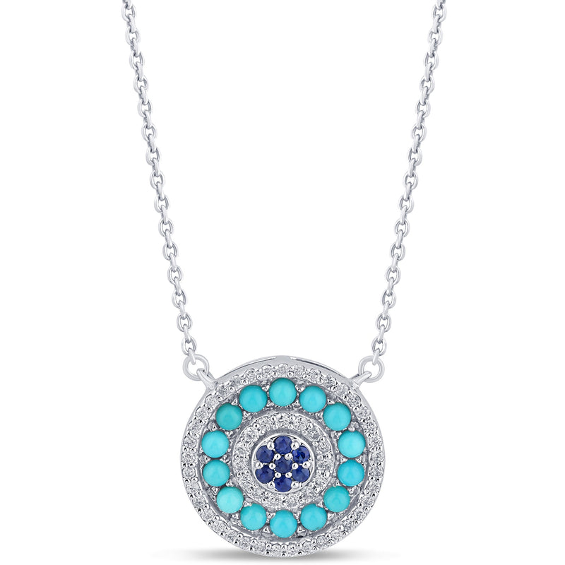 SPECIAL!1.01ct G SI 14K White Gold Round Shape Halo Diamond, Blue Sapphire & Turquoise Pendant Necklace 18" Long Chain