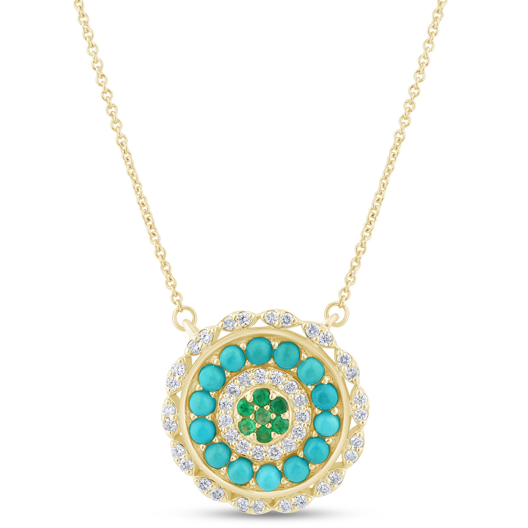 SPECIAL!.83ct G SI 14K Yellow Gold Round Shape Halo Diamond, Emerald & Turquoise Pendant Necklace 18" Long Chain