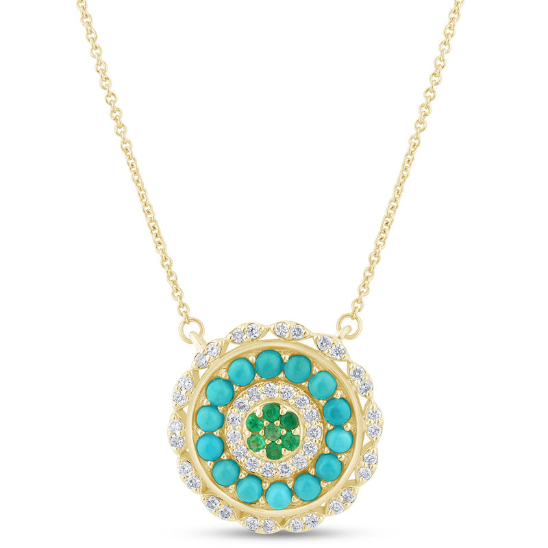 SPECIAL!.83ct G SI 14K Yellow Gold Round Shape Halo Diamond, Emerald & Turquoise Pendant Necklace 18" Long Chain
