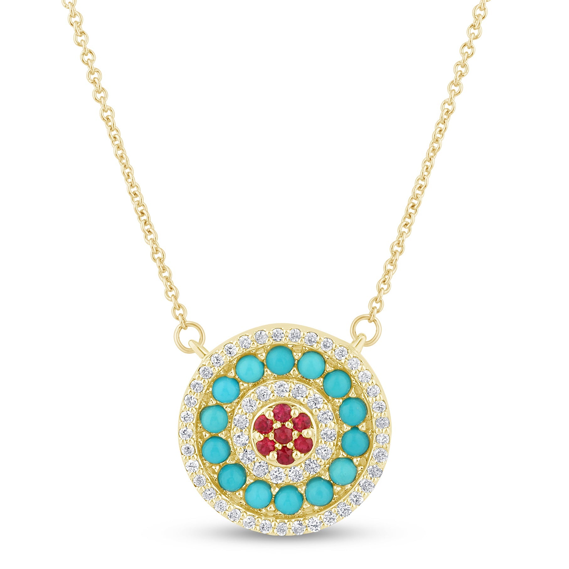 SPECIAL!.84ct G SI 14K Yellow Gold Halo Diamond, Ruby & Turquoise Pendant Necklace 18" Long Chain