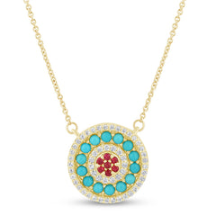SPECIAL!.84ct G SI 14K Yellow Gold Halo Diamond, Ruby & Turquoise Pendant Necklace 18" Long Chain
