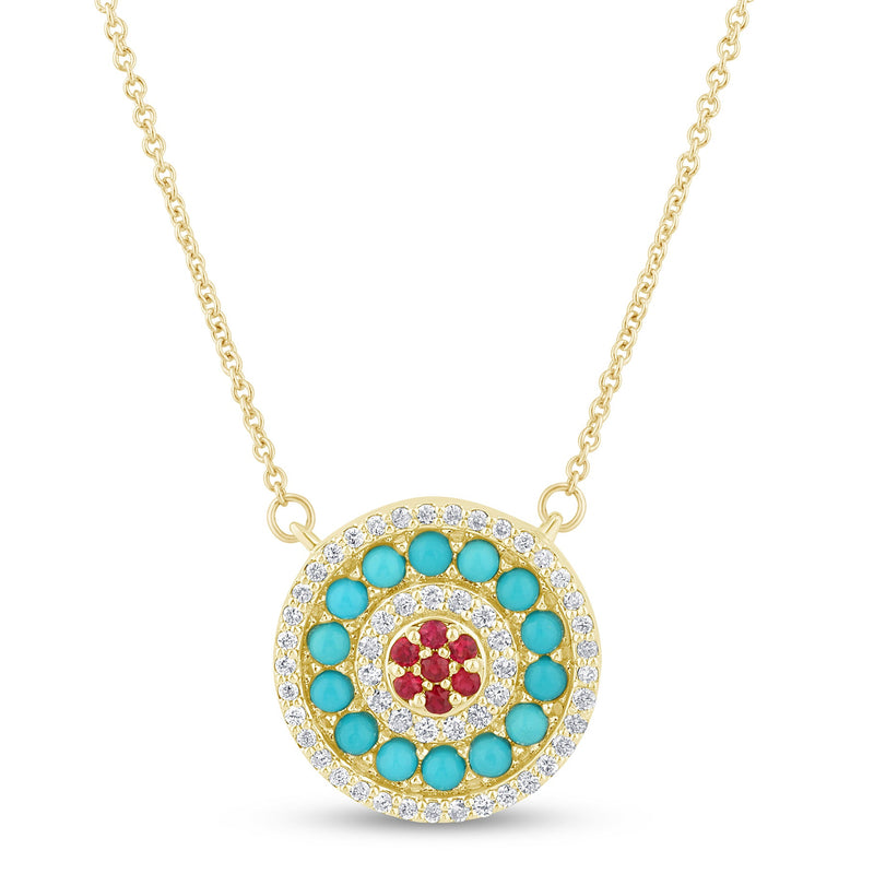 SPECIAL!.84ct G SI 14K Yellow Gold Halo Diamond, Ruby & Turquoise Pendant Necklace 18" Long Chain
