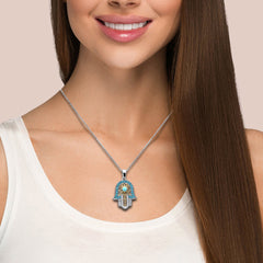 SPECIAL! .78ct G SI 14K Two Tone Diamond Turquoise Hamsa Pendant Necklace 18" Long Chain