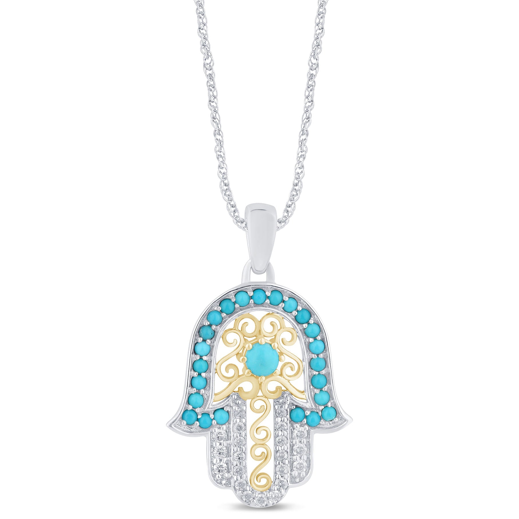 SPECIAL! .78ct G SI 14K Two Tone Diamond Turquoise Hamsa Pendant Necklace 18" Long Chain