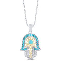 SPECIAL! .78ct G SI 14K Two Tone Diamond Turquoise Hamsa Pendant Necklace 18" Long Chain