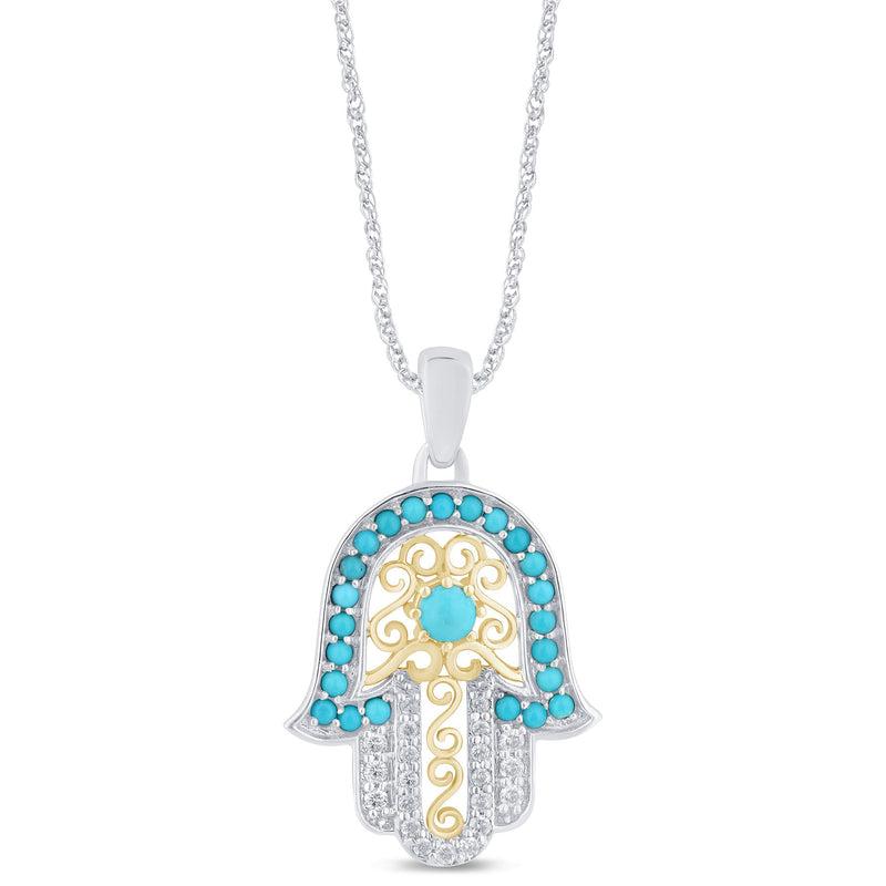 SPECIAL! .78ct G SI 14K Two Tone Diamond Turquoise Hamsa Pendant Necklace 18" Long Chain