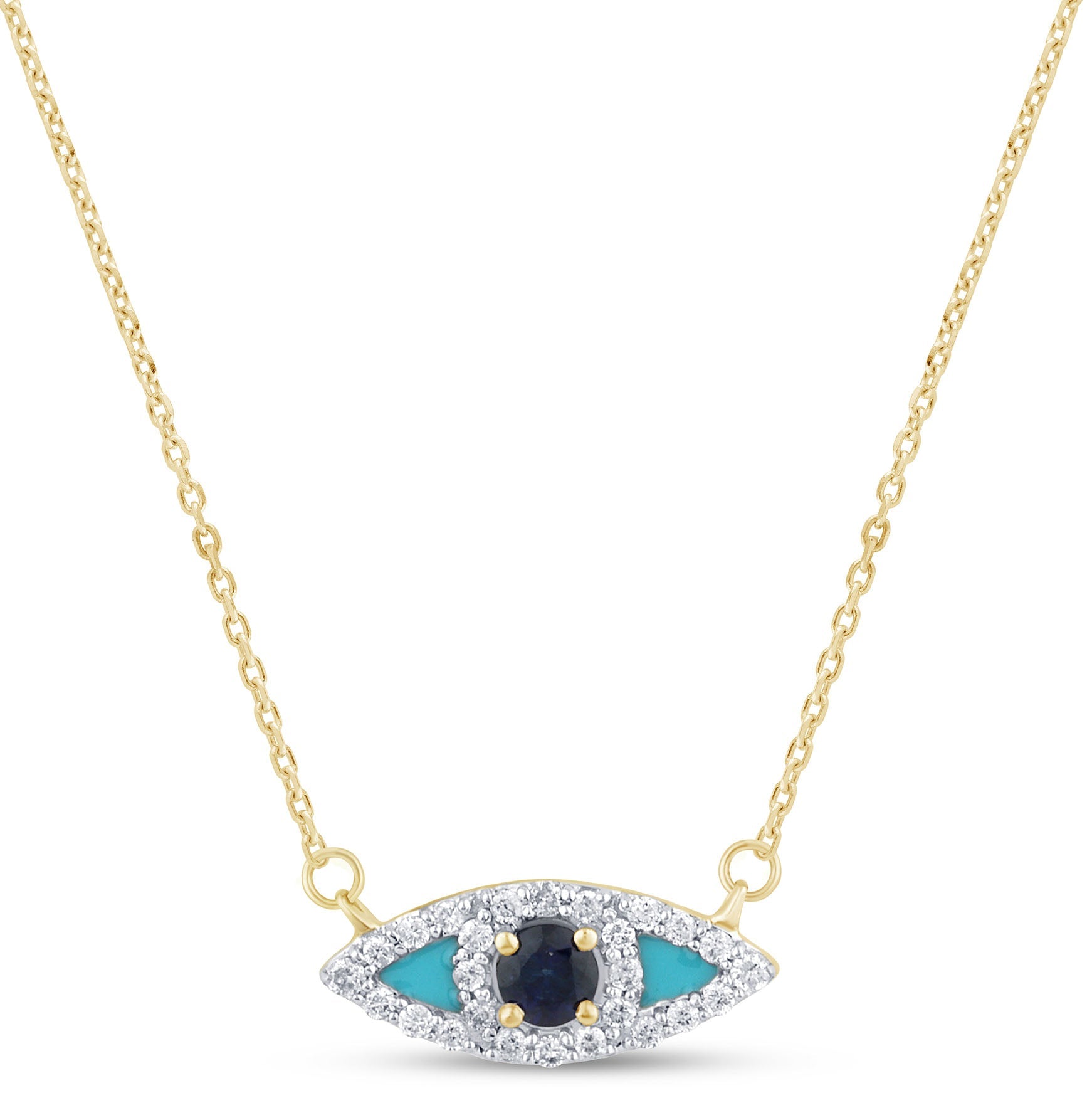 SPECIAL! .30ct G SI 14K Yellow Gold Diamond & Blue Sapphire Gemstone Evil Eye Pendant Necklace 18" Long Chain