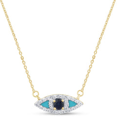 SPECIAL! .30ct G SI 14K Yellow Gold Diamond & Blue Sapphire Gemstone Evil Eye Pendant Necklace 18" Long Chain
