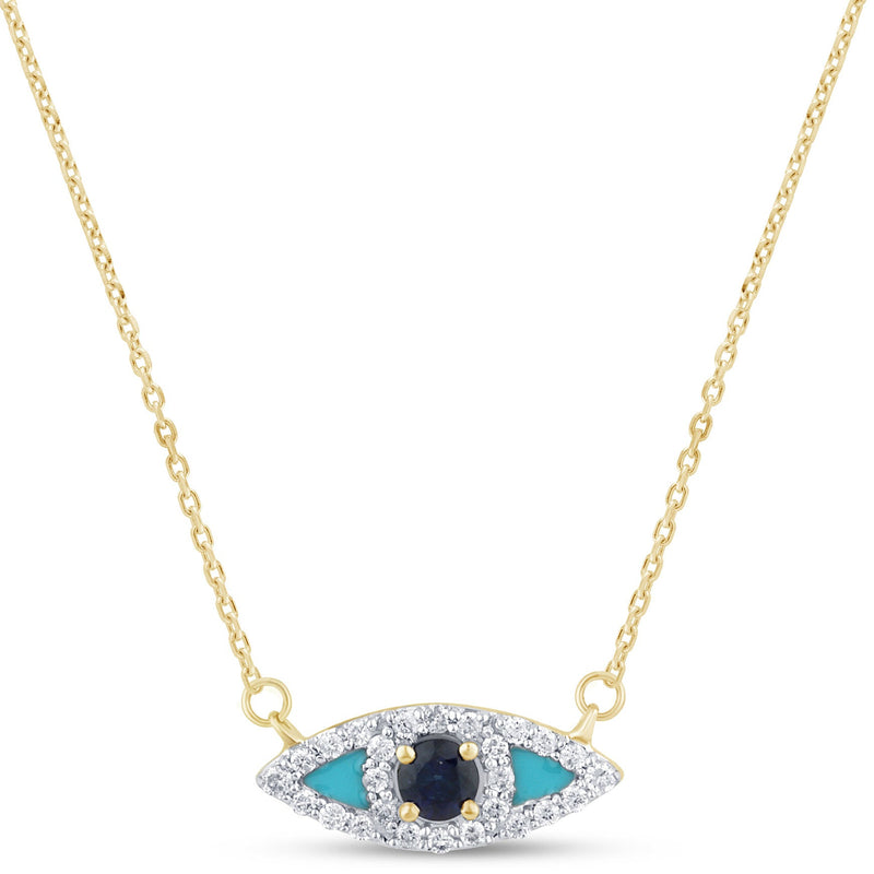 SPECIAL! .30ct G SI 14K Yellow Gold Diamond & Blue Sapphire Gemstone Evil Eye Pendant Necklace 18" Long Chain