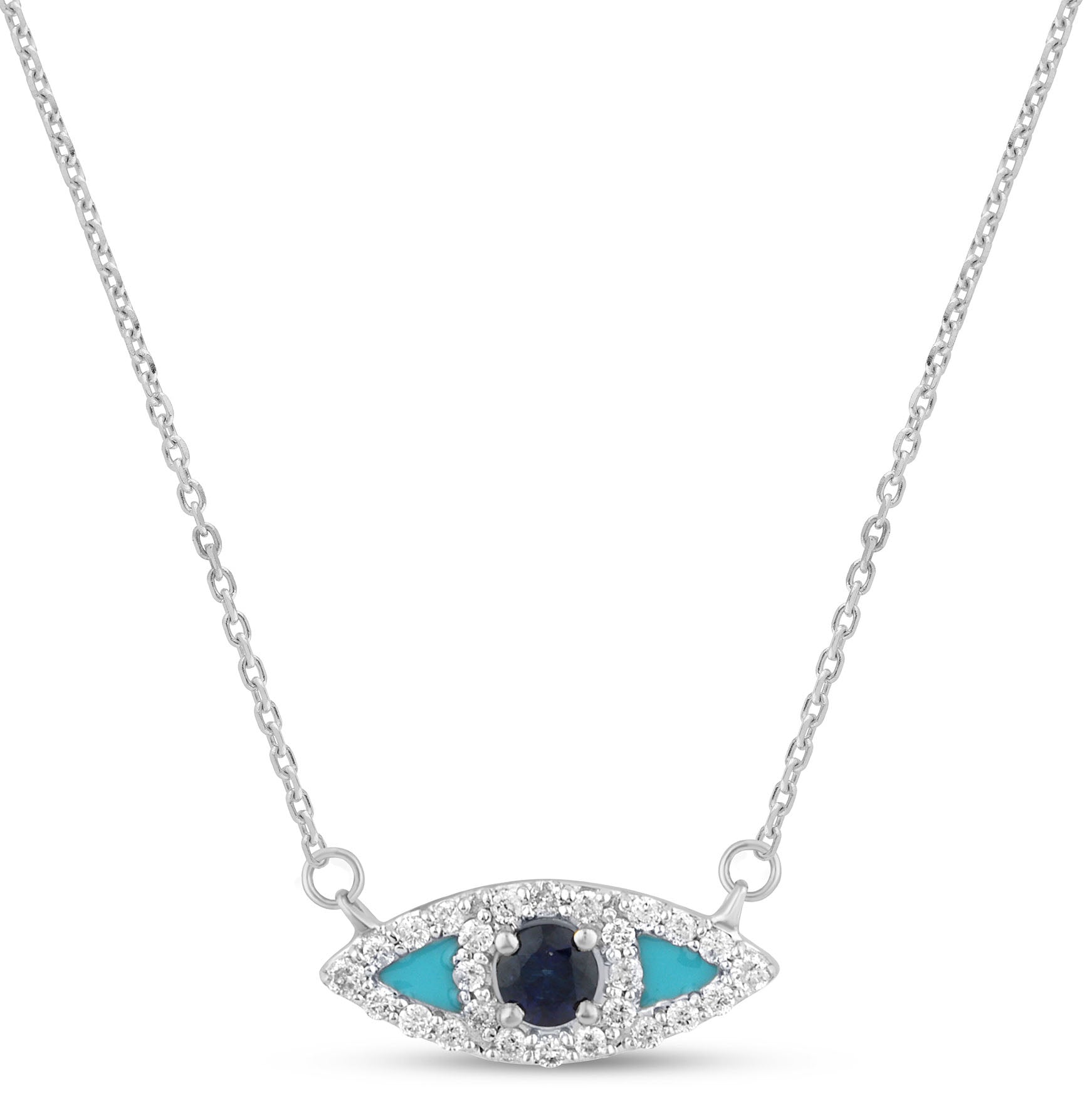 SPECIAL! .29ct G SI 14K White Gold Diamond & Blue Sapphire Gemstone Evil Eye Pendant Necklace 18" Long Chain