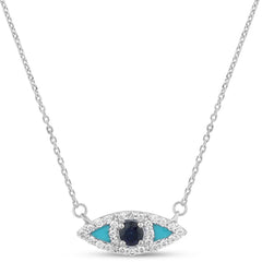 SPECIAL! .29ct G SI 14K White Gold Diamond & Blue Sapphire Gemstone Evil Eye Pendant Necklace 18" Long Chain