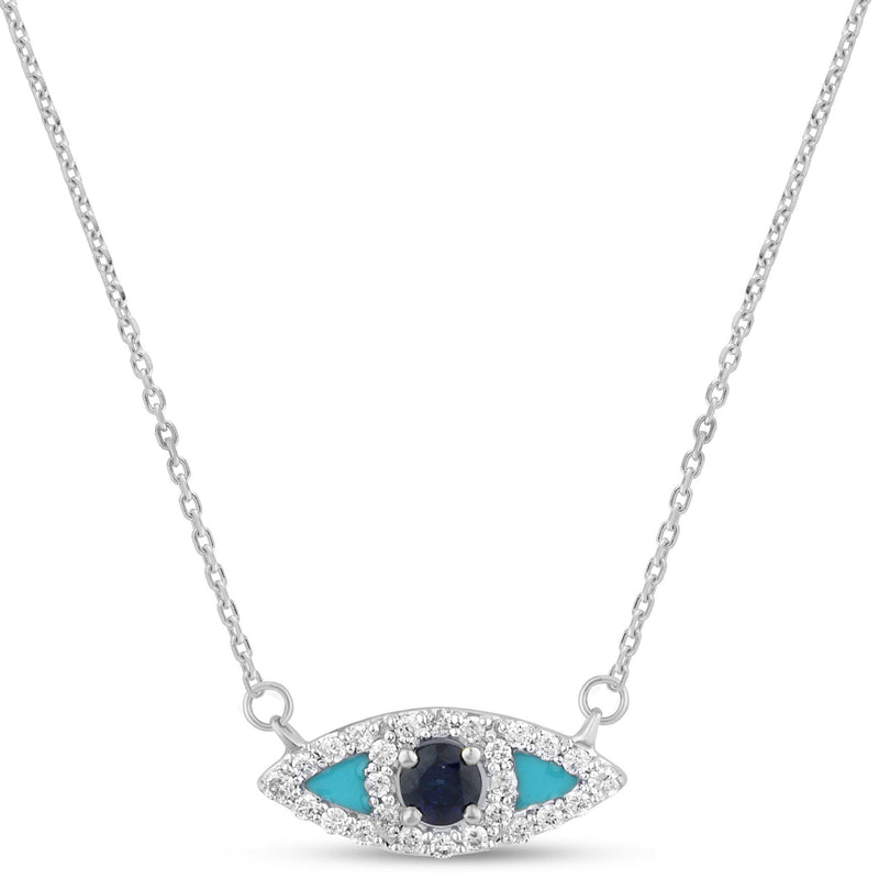SPECIAL! .29ct G SI 14K White Gold Diamond & Blue Sapphire Gemstone Evil Eye Pendant Necklace 18" Long Chain
