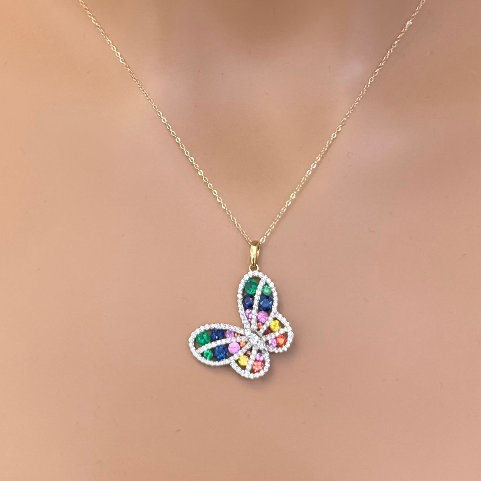 SPECIAL! 2.51ct G SI 14K Yellow Gold Diamond & Multi Color Gemstone Butterfly Necklace 18" Long