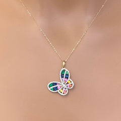 SPECIAL! 2.51ct G SI 14K Yellow Gold Diamond & Multi Color Gemstone Butterfly Necklace 18" Long