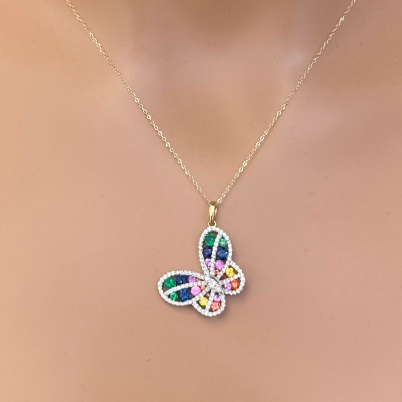 SPECIAL! 2.51ct G SI 14K Yellow Gold Diamond & Multi Color Gemstone Butterfly Necklace 18" Long