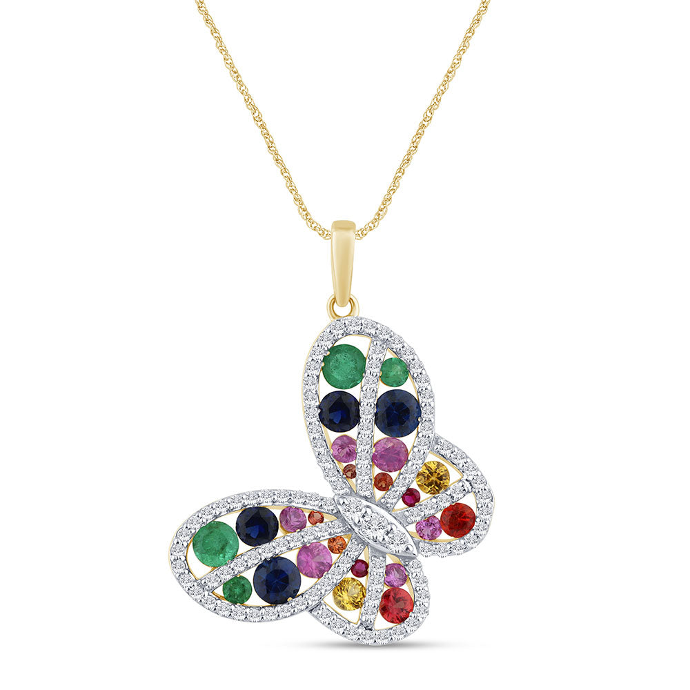 SPECIAL! 2.51ct G SI 14K Yellow Gold Diamond & Multi Color Gemstone Butterfly Necklace 18" Long