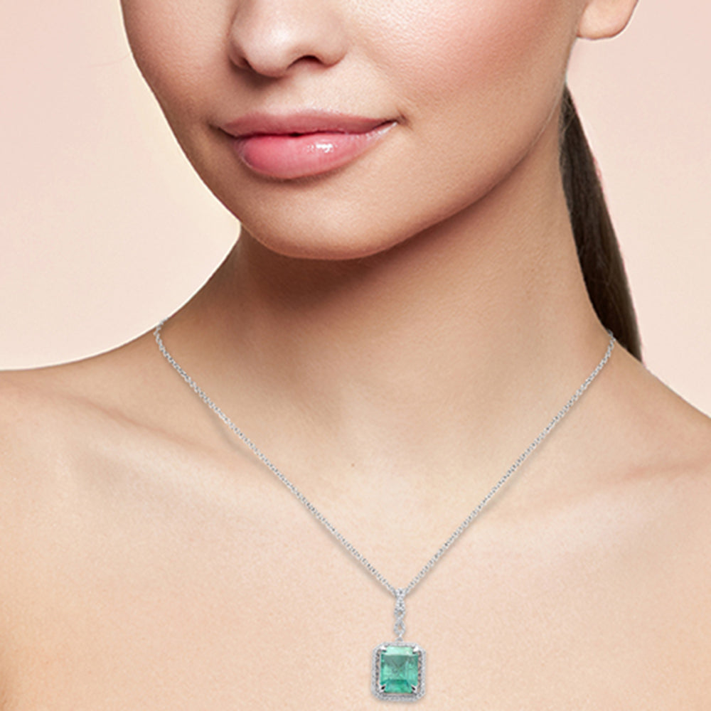 SPECIAL! 4.00ct G SI 14K White Gold Diamond & Natural Emerald Pendant Neckalace 16" Long Chain