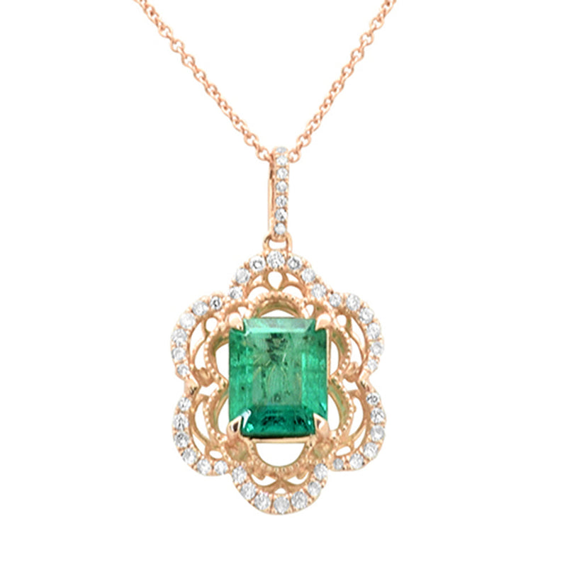 SPECIAL! 2.32ct G SI 14K Rose Gold Diamond & Natural Emerald Pendant Neckalace 16" Long Chain