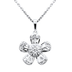 SPECIAL! .51ct G SI 14K White Gold Round & Baguette Diamond Flower Pendant Necklace 18" Chain