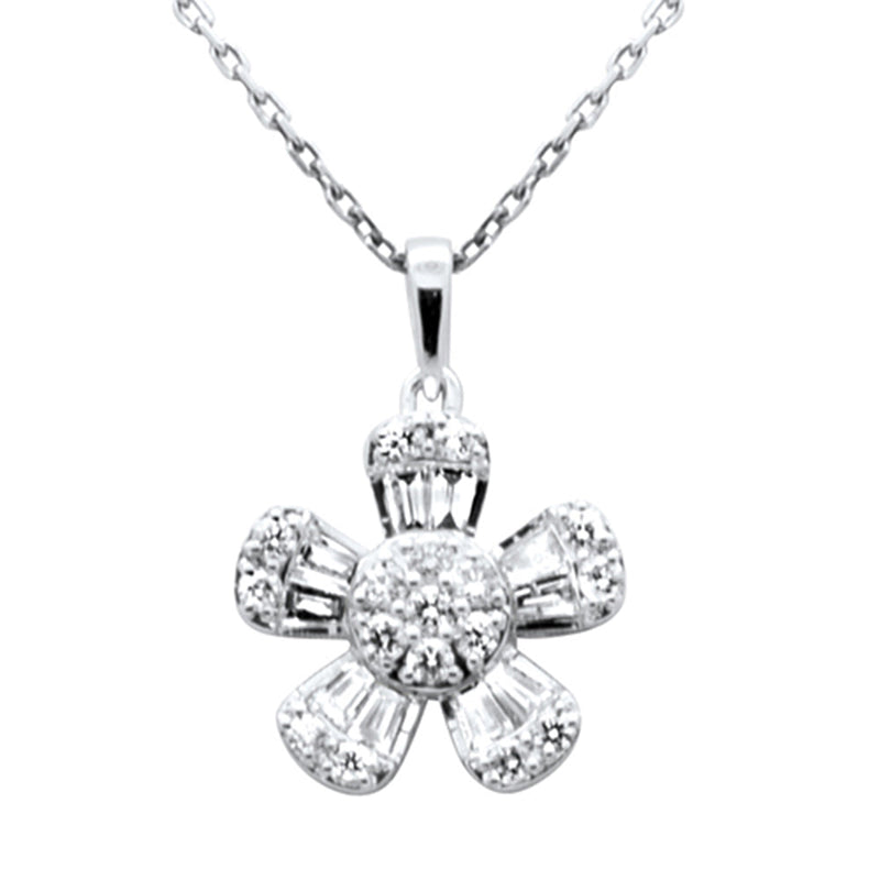 SPECIAL! .51ct G SI 14K White Gold Round & Baguette Diamond Flower Pendant Necklace 18" Chain