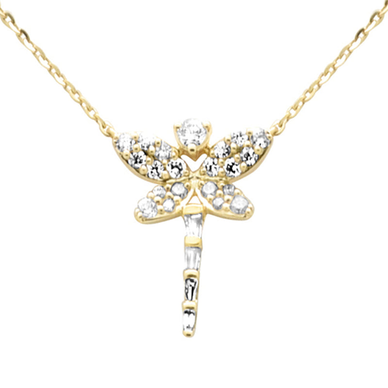 SPECIAL!.23ct G SI 14K Yellow Gold Diamond Round & Baguette Dragonfly Pendant Necklace 16+2" Ext