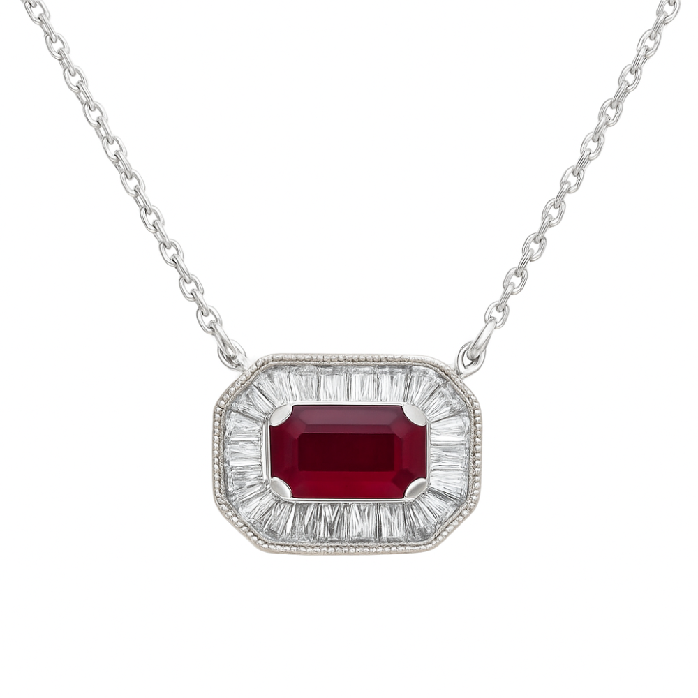 SPECIAL! .54ct G SI 14K White Gold Diamond & Ruby Gemstone Pendant Necklace 16+2" Ext