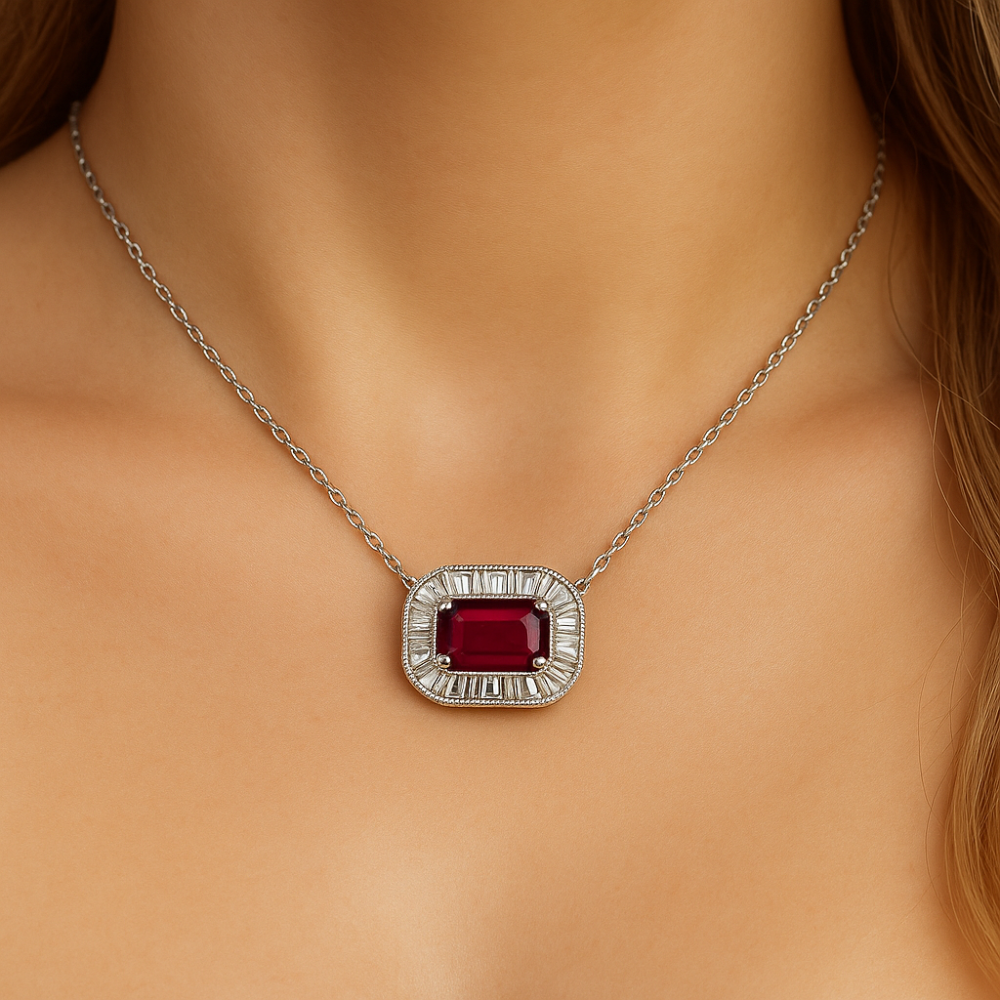 SPECIAL! .54ct G SI 14K White Gold Diamond & Ruby Gemstone Pendant Necklace 16+2" Ext