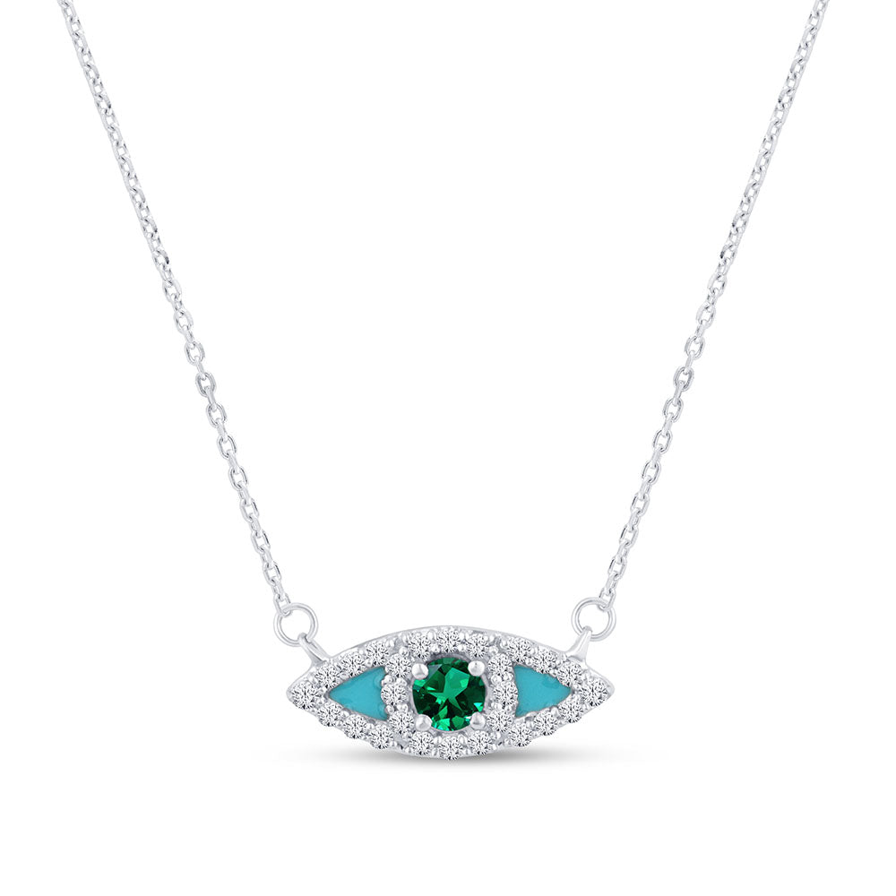 SPECIAL! .27ct G SI 14K White Gold Diamond & Emerald Gemstone with Blue Enamel Evil Eye Pendant Necklace 18" Long Chain