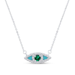 SPECIAL! .27ct G SI 14K White Gold Diamond & Emerald Gemstone with Blue Enamel Evil Eye Pendant Necklace 18" Long Chain