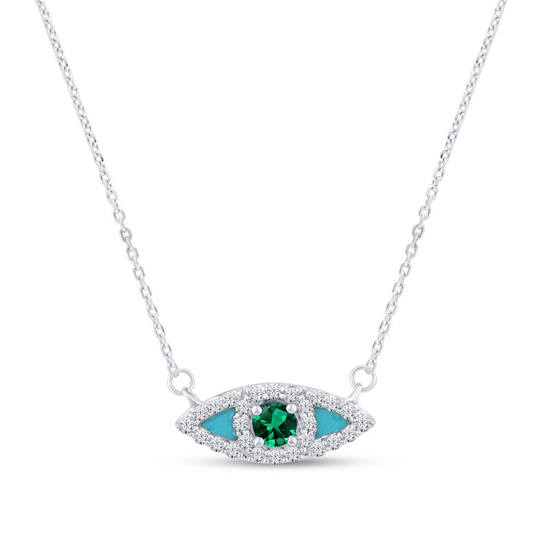 SPECIAL! .27ct G SI 14K White Gold Diamond & Emerald Gemstone with Blue Enamel Evil Eye Pendant Necklace 18" Long Chain