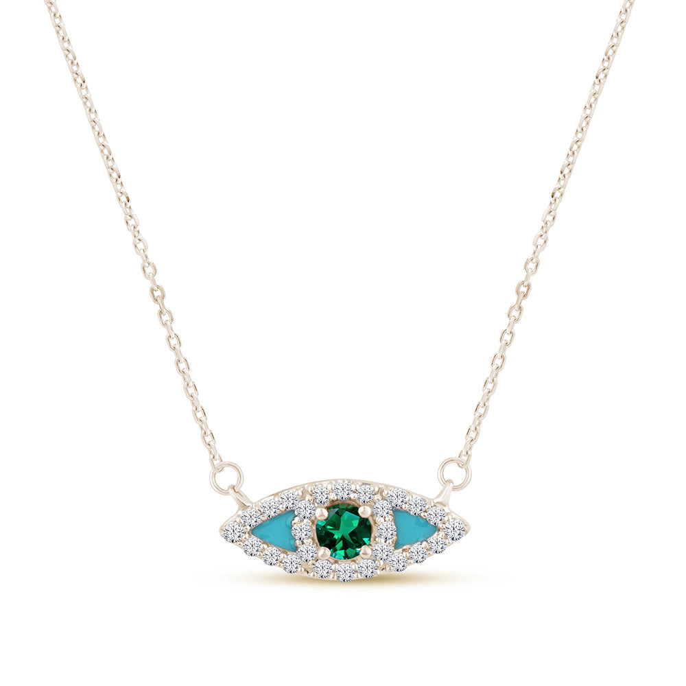 SPECIAL! .23ct G SI 14K Yellow Gold Diamond & Emerald Gemstone with Blue Enamel Evil Eye Pendant Necklace 18" Long Chain