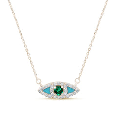 SPECIAL! .23ct G SI 14K Yellow Gold Diamond & Emerald Gemstone with Blue Enamel Evil Eye Pendant Necklace 18" Long Chain