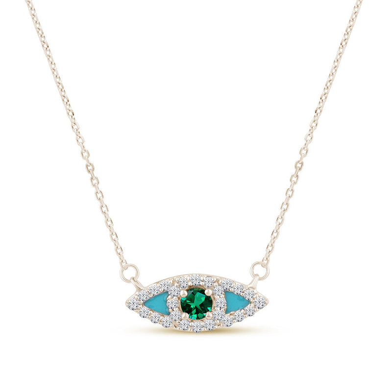 SPECIAL! .23ct G SI 14K Yellow Gold Diamond & Emerald Gemstone with Blue Enamel Evil Eye Pendant Necklace 18" Long Chain