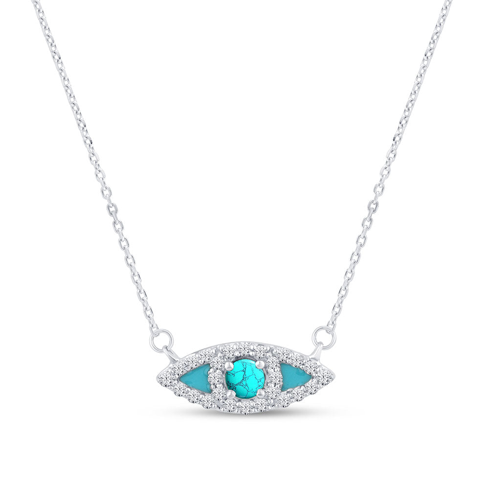 SPECIAL!.30ct G SI 14K White Gold Diamond Turquoise and Blue Enamel Evil Eye Pendant Necklace 18" Long Chain