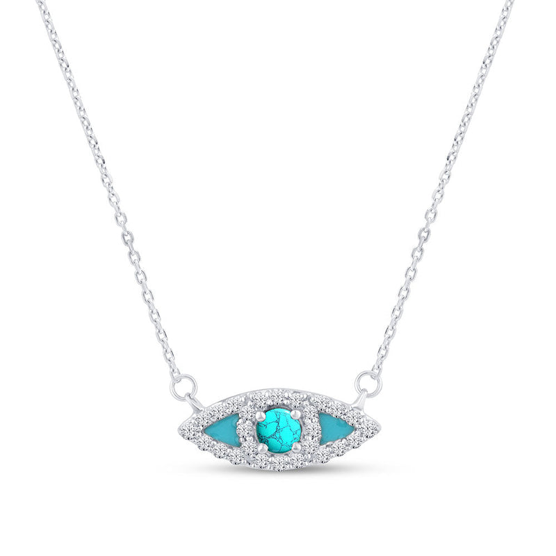 SPECIAL!.30ct G SI 14K White Gold Diamond Turquoise and Blue Enamel Evil Eye Pendant Necklace 18" Long Chain