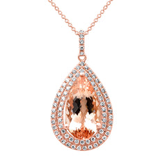 SPECIAL! 5.14ct G SI 14K Rose Gold Diamond & Pear Shape Morganite Gemstone Pendant Necklace 16" Long Chain