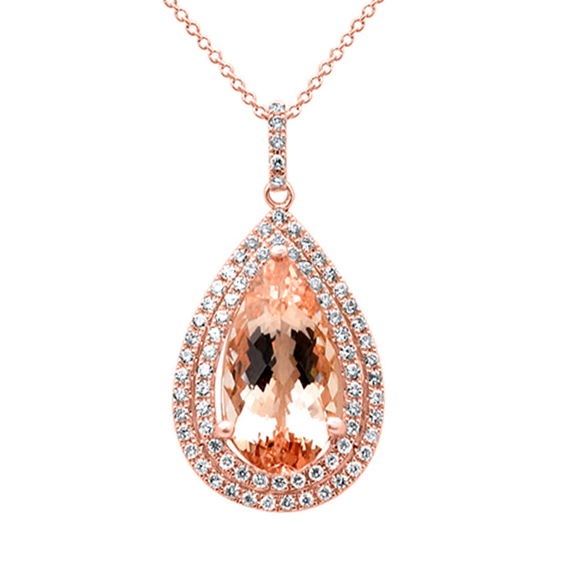 SPECIAL! 5.14ct G SI 14K Rose Gold Diamond & Pear Shape Morganite Gemstone Pendant Necklace 16" Long Chain