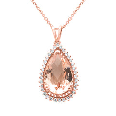 SPECIAL! 3.33ct G SI 14K Rose Gold Diamond & Pear Shape Morganite Gemstone Pendant Necklace 16" Long Chain