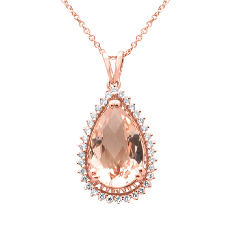 SPECIAL! 3.33ct G SI 14K Rose Gold Diamond & Pear Shape Morganite Gemstone Pendant Necklace 16" Long Chain