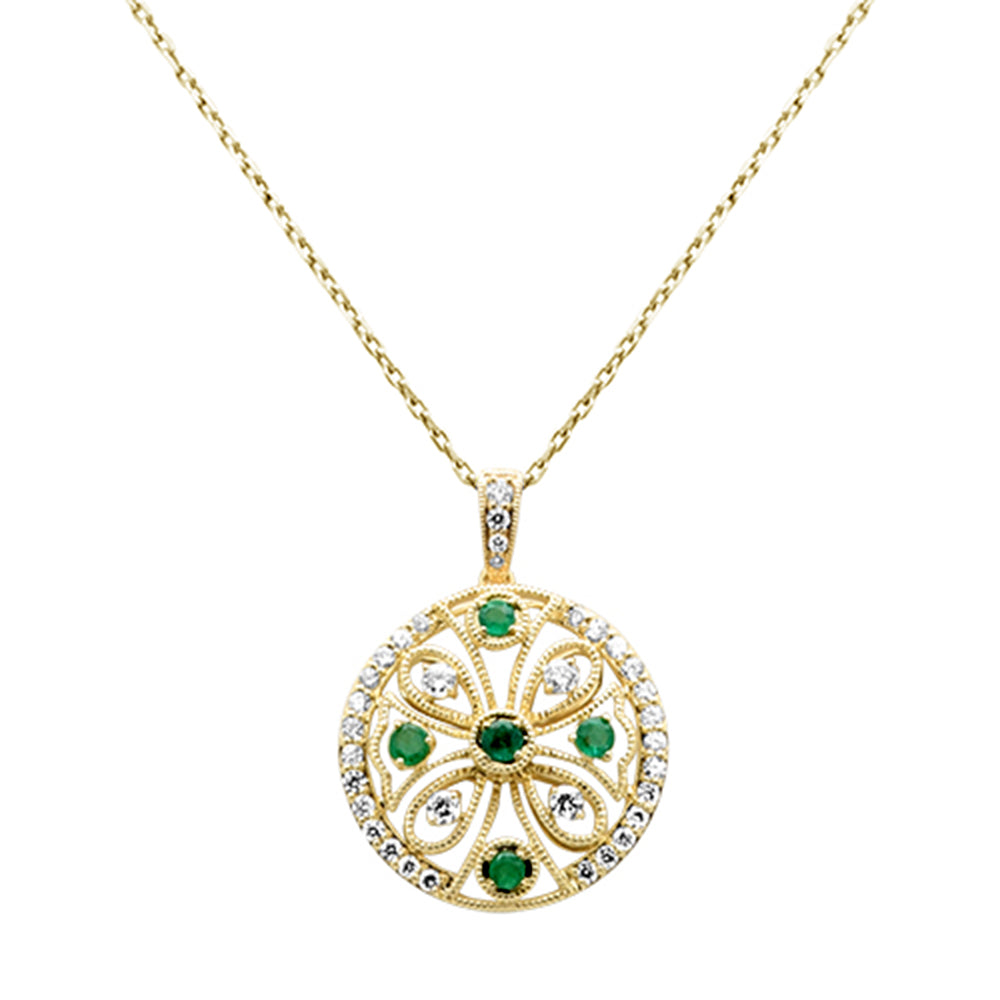SPECIAL!.41ct G SI 14K Yellow Gold Diamond & Emerald Gemstone Round Pendant Necklace 18" Long