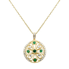 SPECIAL!.41ct G SI 14K Yellow Gold Diamond & Emerald Gemstone Round Pendant Necklace 18" Long