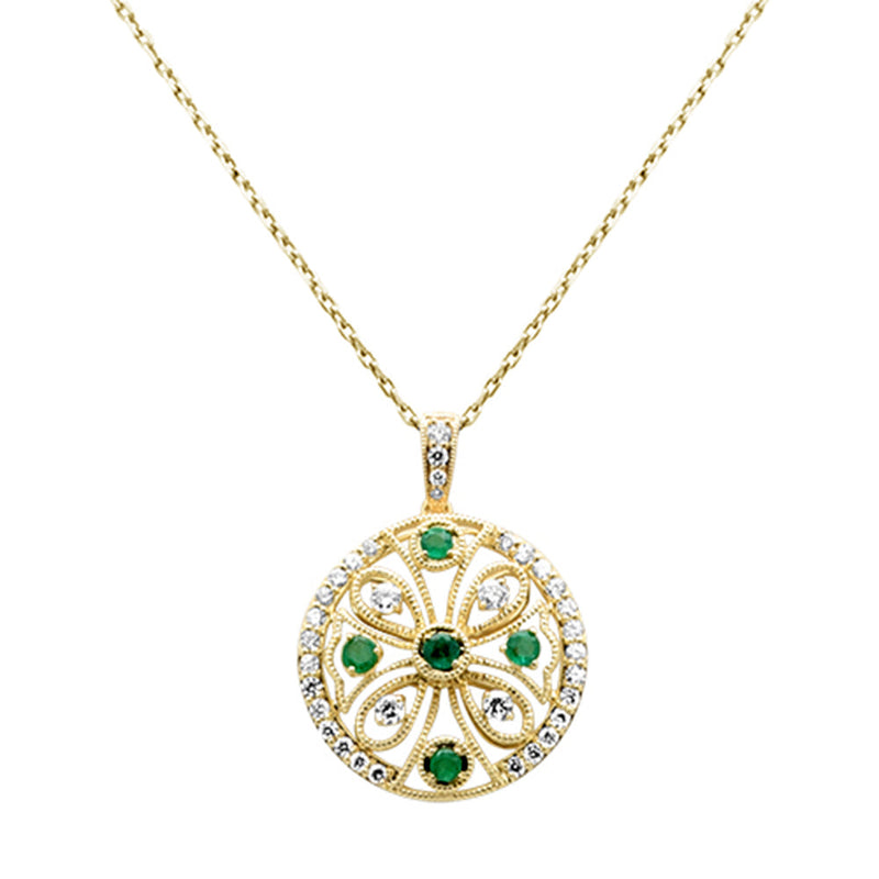 SPECIAL!.41ct G SI 14K Yellow Gold Diamond & Emerald Gemstone Round Pendant Necklace 18" Long