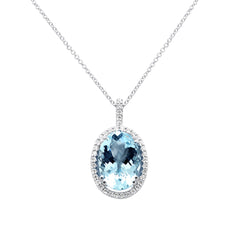 SPECIAL!5.80ct G SI 14K White Gold Diamond & Oval Shape Aquamarine Gemstone Pendant Necklace 18" Long Chain