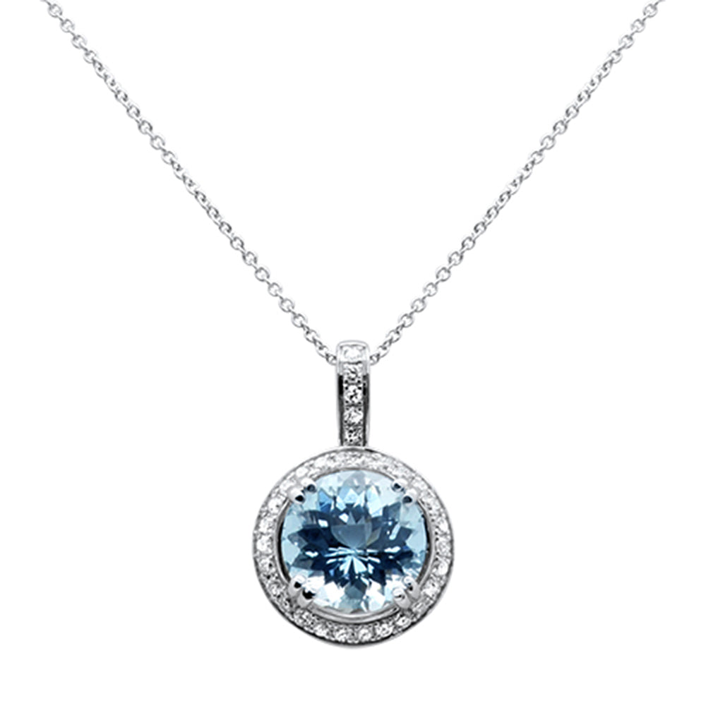 SPECIAL!3.41ct G SI 14K White Gold Diamond & Round Shape Aquamarine Gemstone Pendant Necklace 16" Long Chain