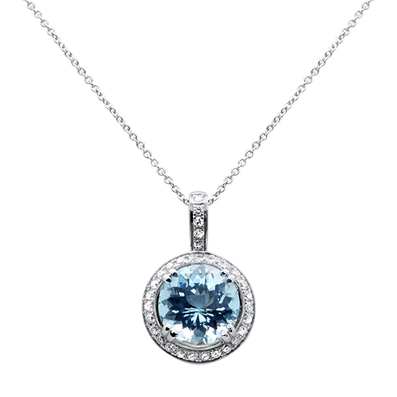 SPECIAL!3.41ct G SI 14K White Gold Diamond & Round Shape Aquamarine Gemstone Pendant Necklace 16" Long Chain