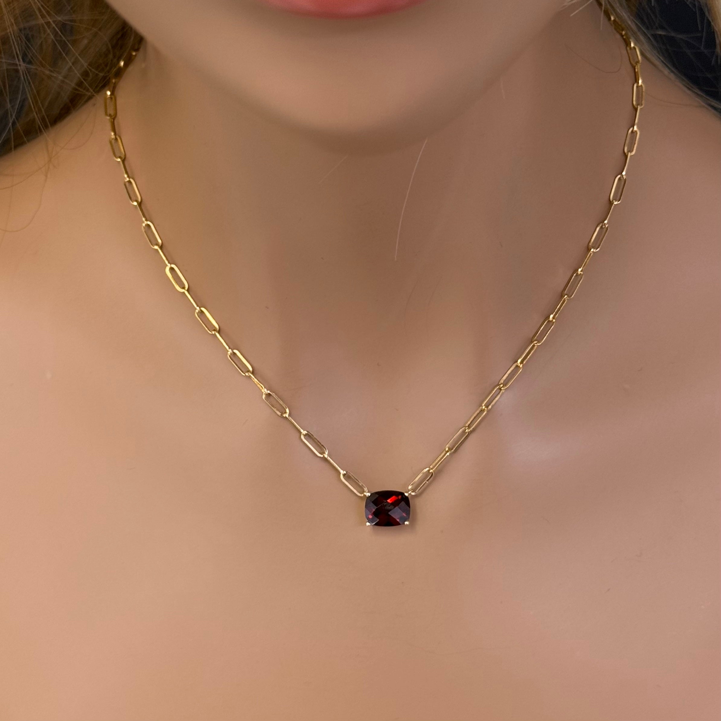 SPECIAL! 3.38ct G SI 14K Yellow Gold Garnet Gemstone Paperclip Pendant Necklace 14+2" Long