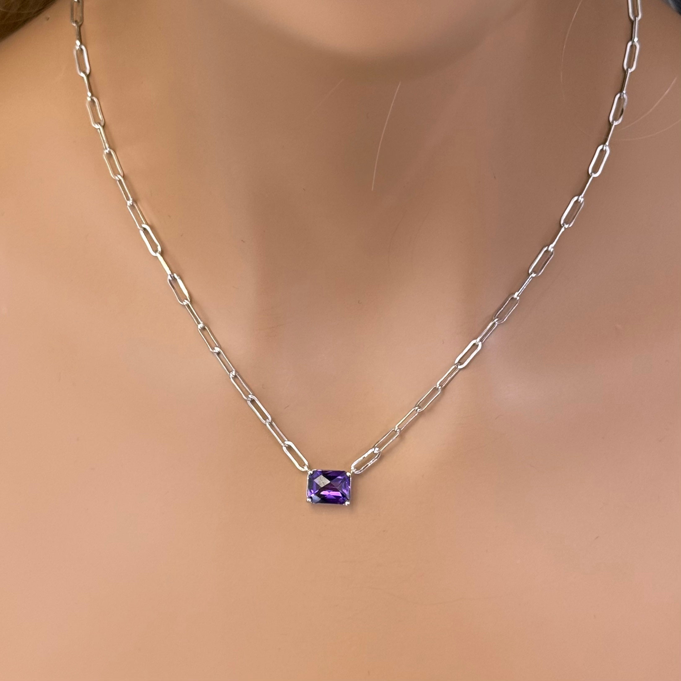 SPECIAL! 2.86ct G SI 14K White Gold Amethyst Gemstone Paperclip Pendant Necklace 14+2" Long