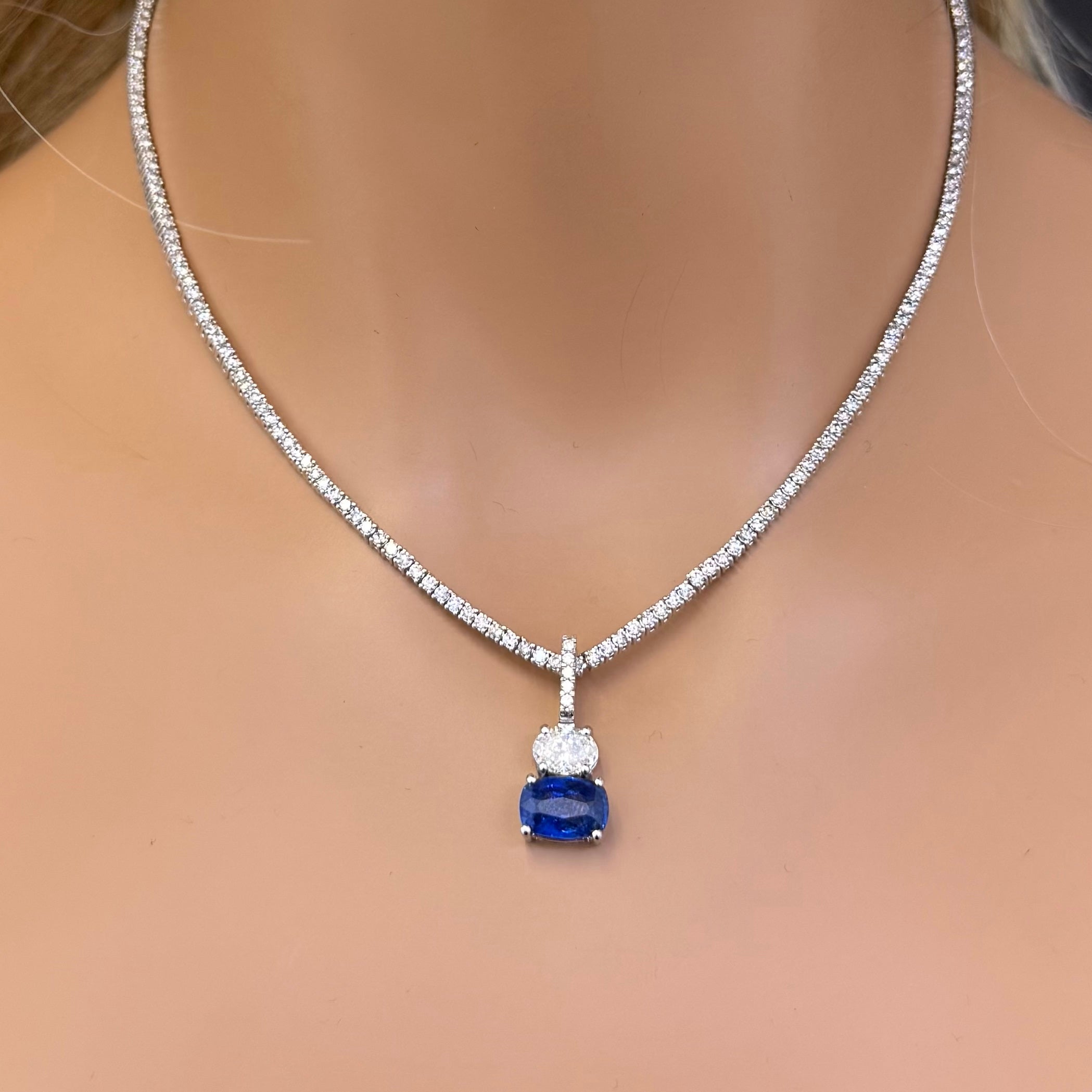SPECIAL! 4.06ct G SI 14K White Gold Diamond Oval Shape & Blue Sapphire Gemstone Pendant  No Chain