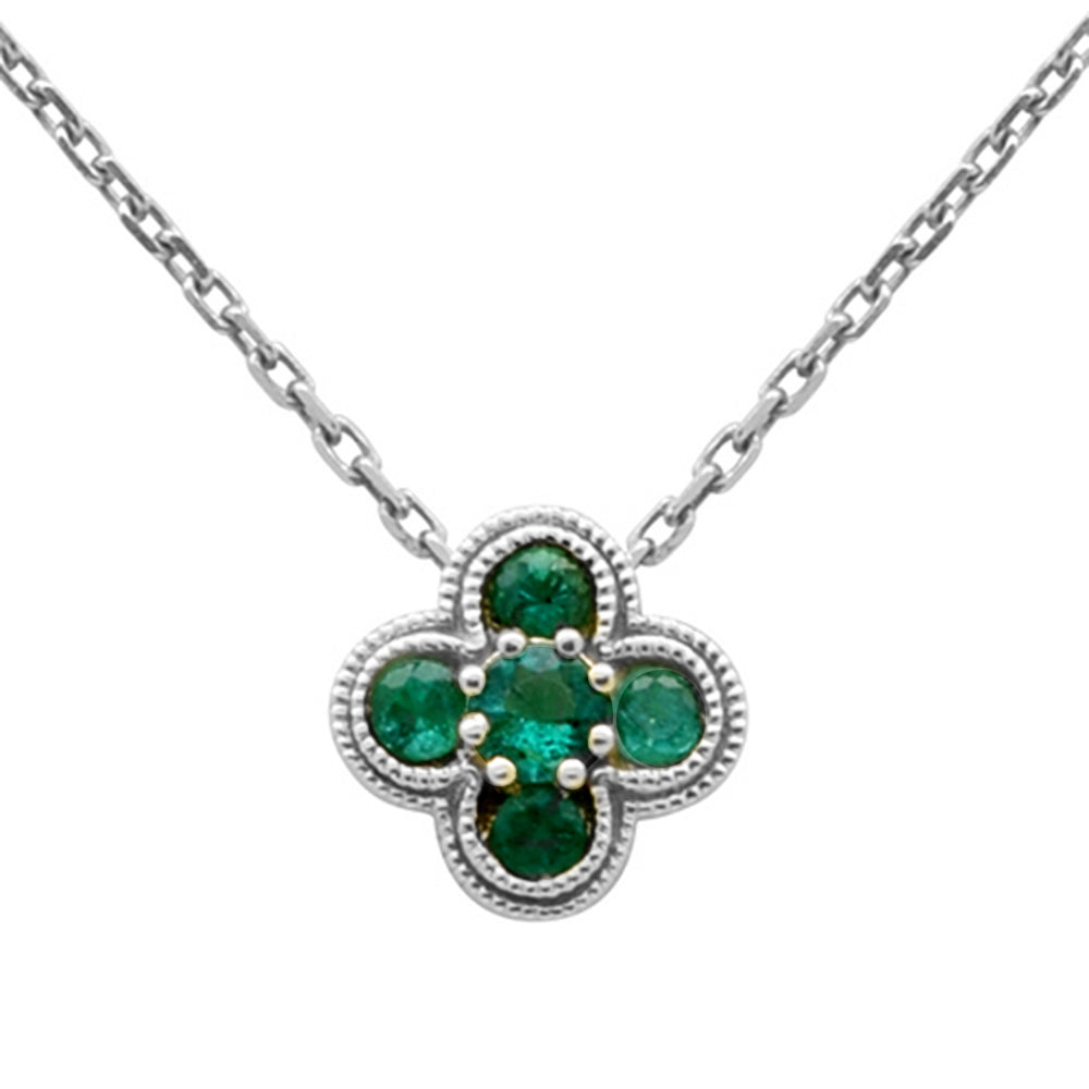 .17ct G SI 14K White Gold Emerald Gemstone Clover Pendant Necklace 18" Chain
