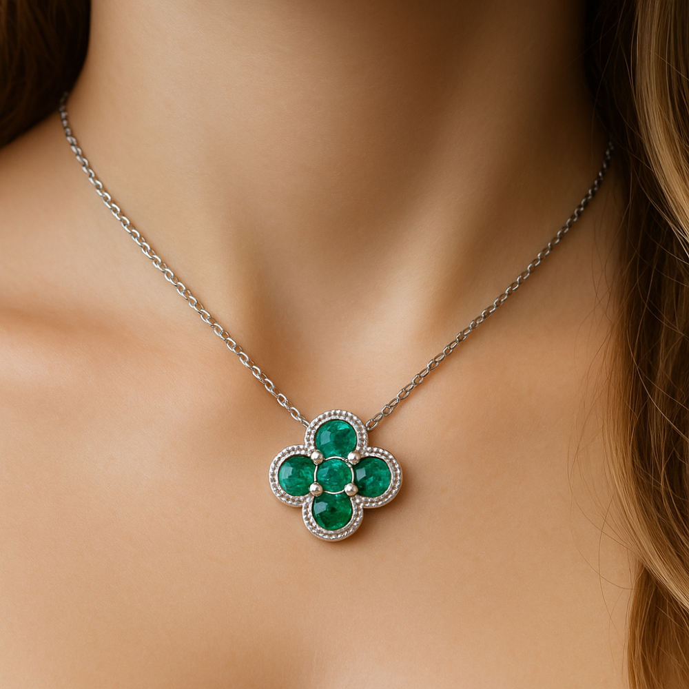 .17ct G SI 14K White Gold Emerald Gemstone Clover Pendant Necklace 18" Chain